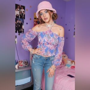 Y2K VENUS Pink‎ Blue Leopard Cut Out Tie Front Smocked Off the Shoulder Blouse
